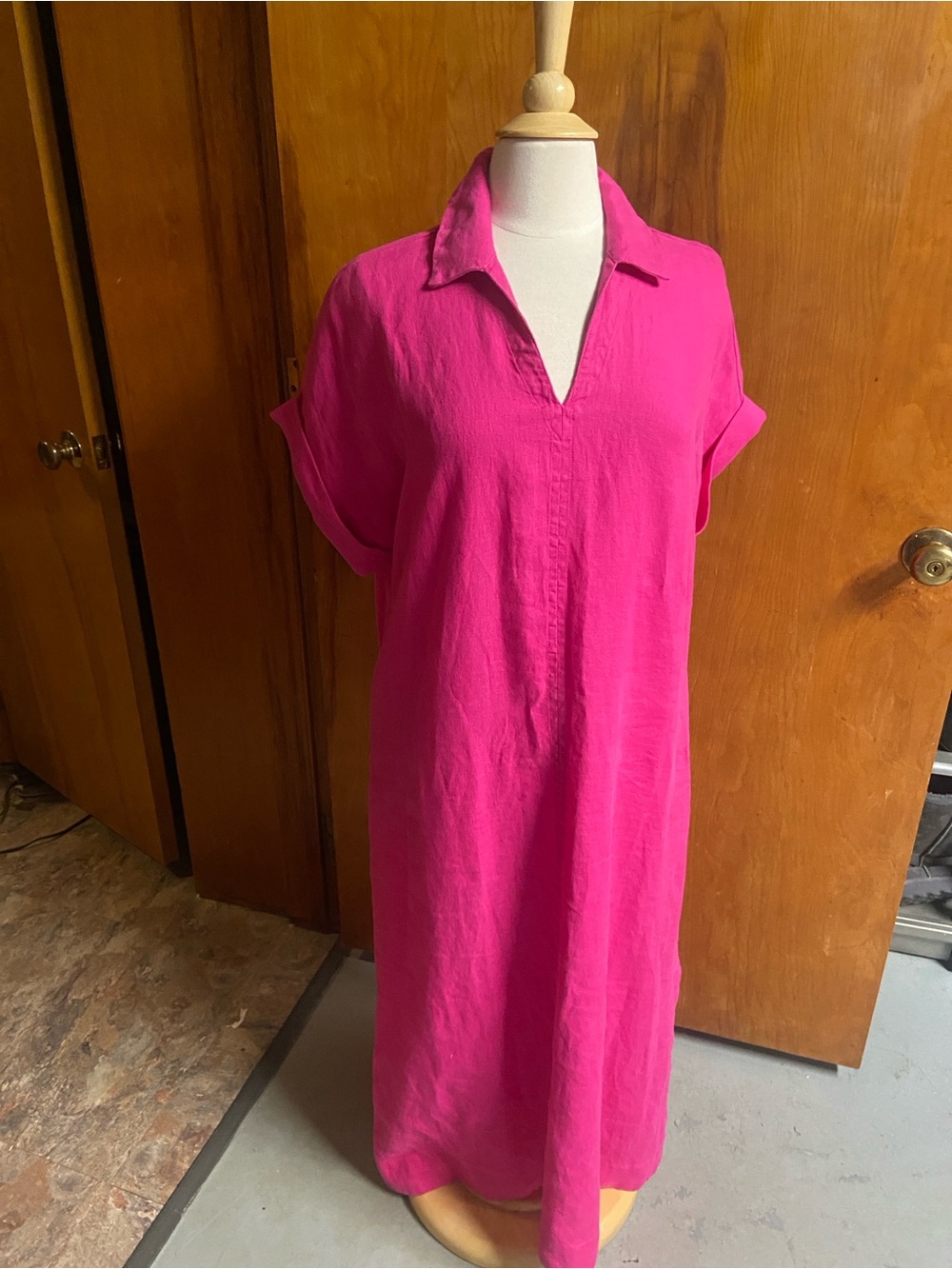 CHICO’s  3 Women’s LINEN Hot Pink Collared V-Neck Tunic Dress Large POCKETS!